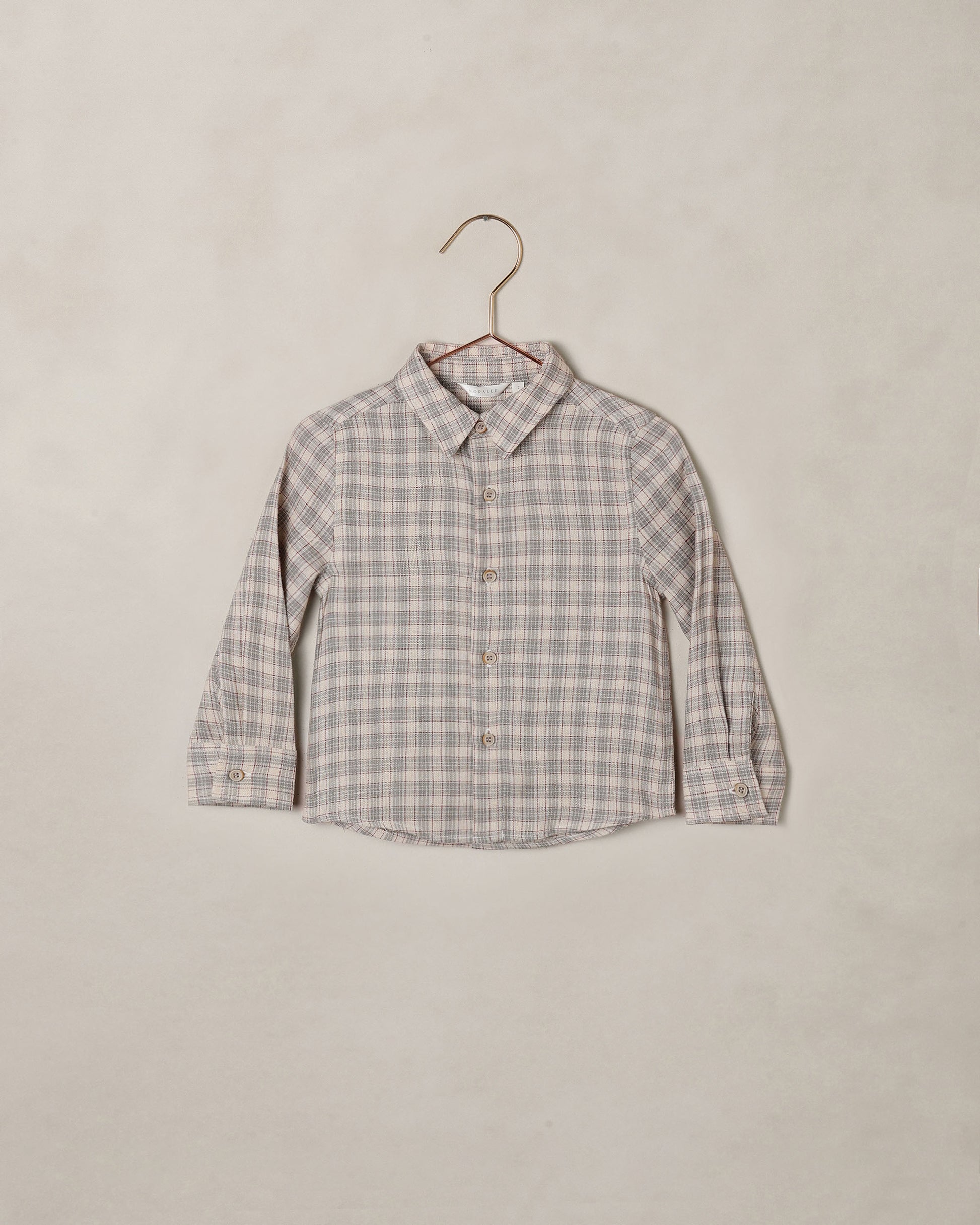 Boys Harris plaid button-down shirt in fall colors by Noralee, featuring a classic plaid pattern and long sleeves.