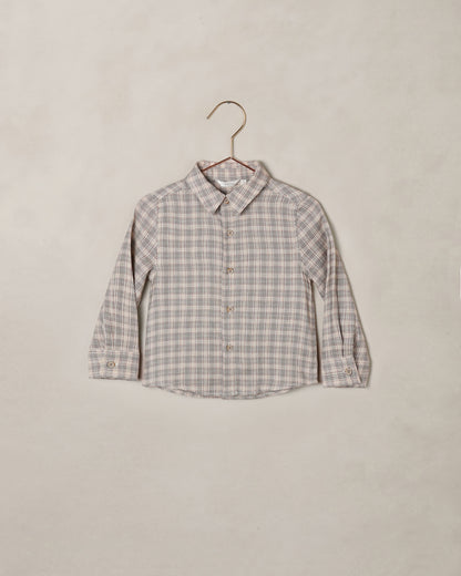 Boys Harris plaid button-down shirt in fall colors by Noralee, featuring a classic plaid pattern and long sleeves.