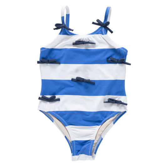Girls Lottie Bow Suit by Pink Chicken featuring wide blue stripes and a bow detail, perfect for casual and special occasions.