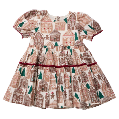 Girls Pink Chicken Eliza Dress in gingerbread house print, featuring festive holiday design and comfortable cotton fabric.