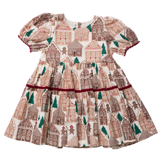 Girls Pink Chicken Eliza Dress in gingerbread house print, featuring festive holiday design and comfortable cotton fabric.