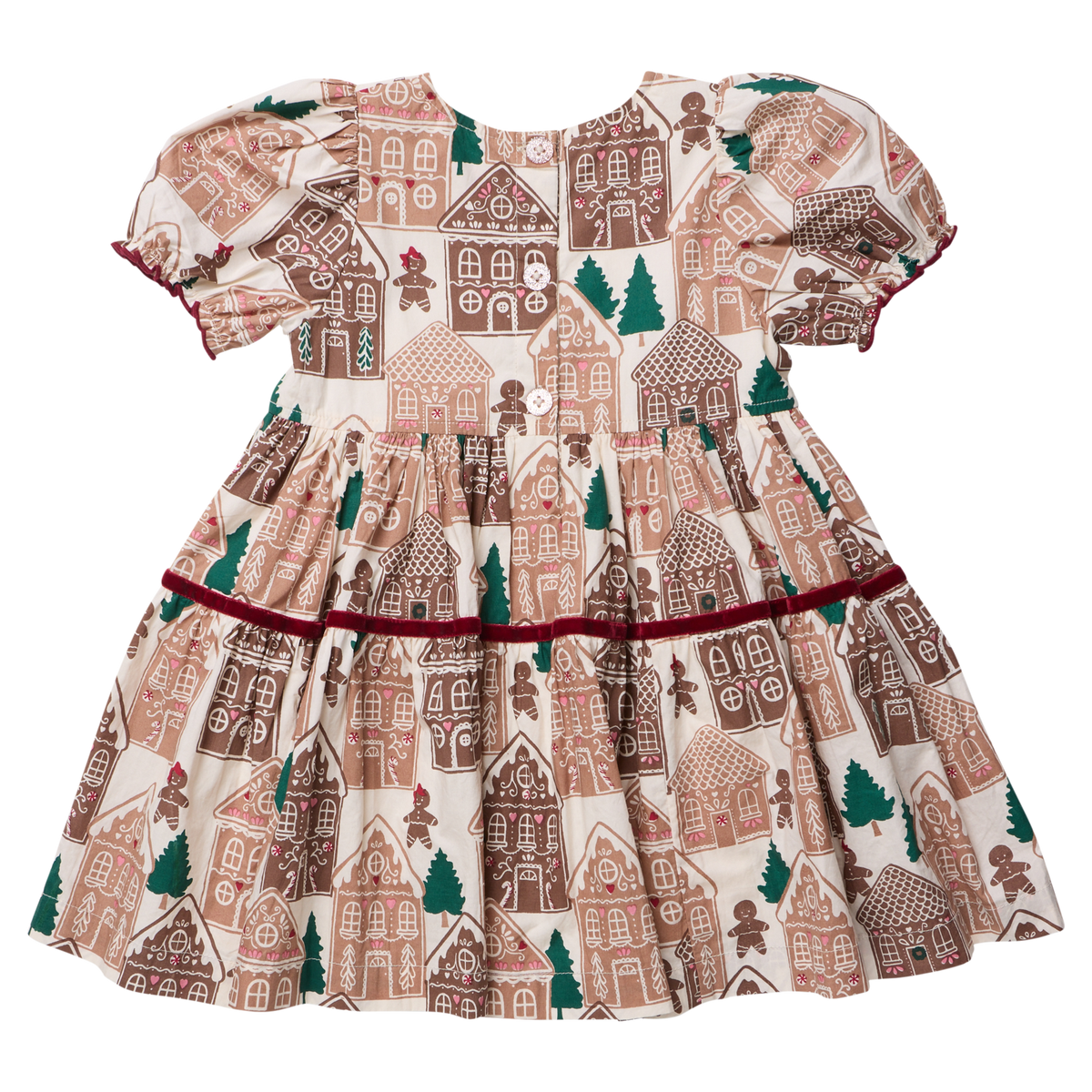 Girls Eliza Dress by Pink Chicken featuring a gingerbread house holiday print, with soft fabric and festive design for special occasions.