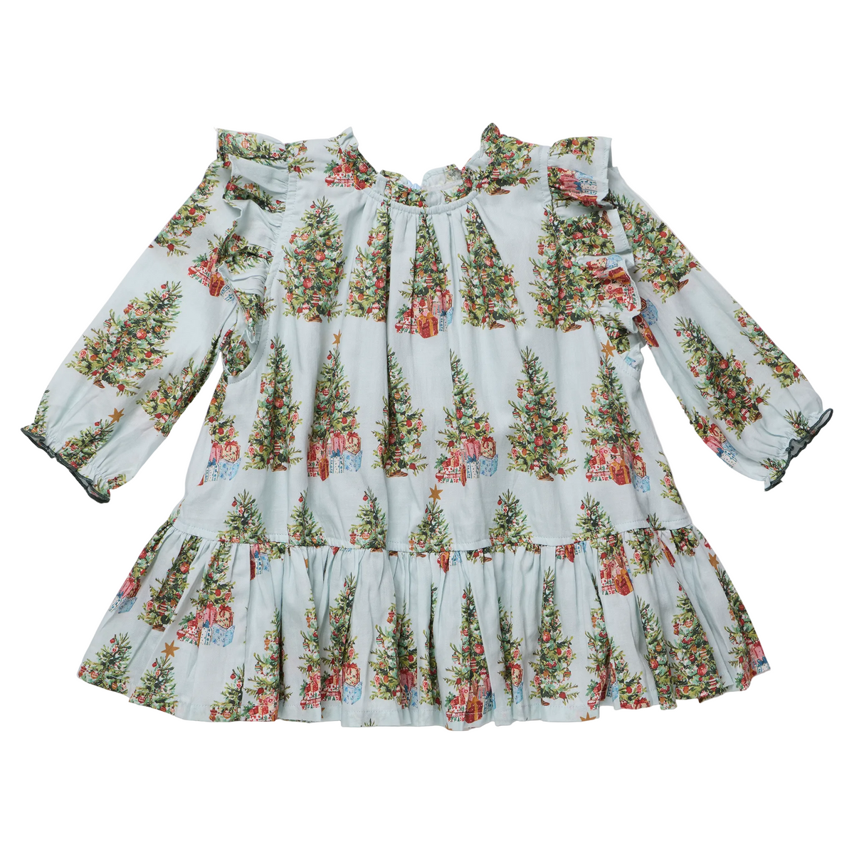 Girls Harper dress by Pink Chicken featuring a festive trees and presents print, perfect for holiday occasions.