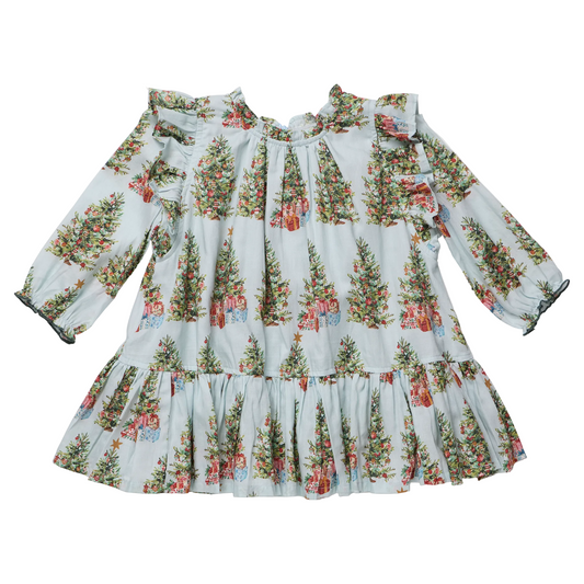 Girls Harper dress by Pink Chicken featuring a festive trees and presents print, perfect for holiday occasions.