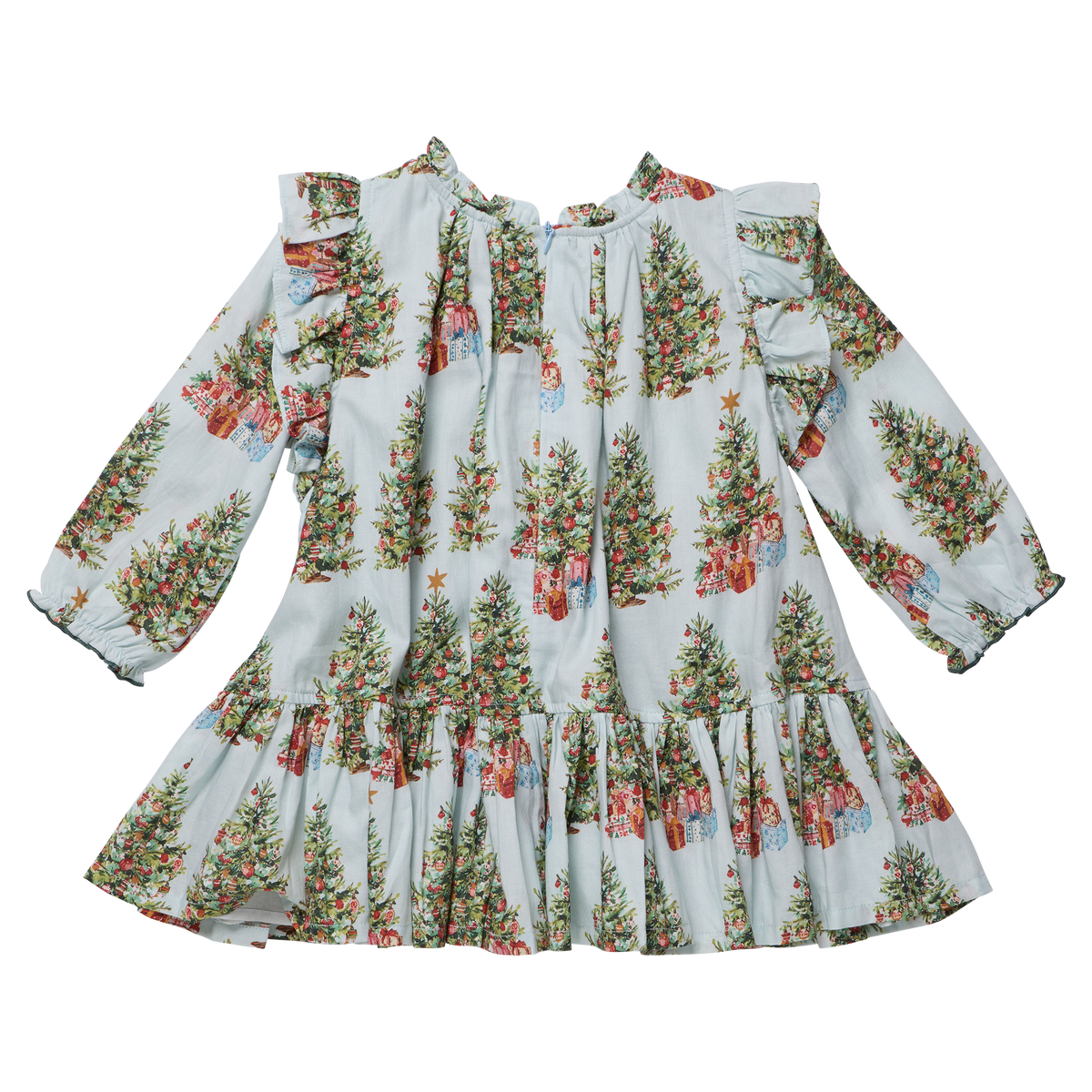 Girls Harper Dress by Pink Chicken featuring a festive trees and presents print, perfect for holiday occasions.