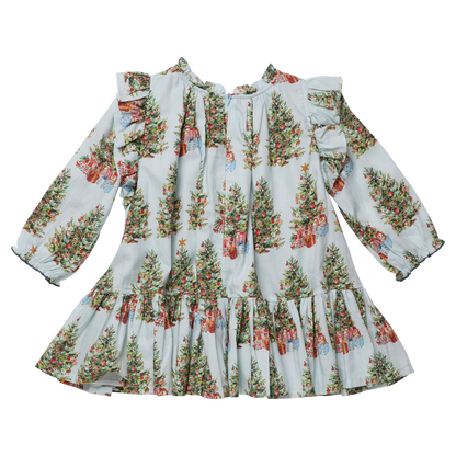 Girls Harper Dress by Pink Chicken featuring a festive trees and presents print, perfect for holiday occasions.