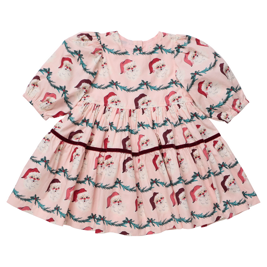 Girls Maribelle dress by Pink Chicken featuring festive Santa Garland pattern, soft fabric, and stylish design for holiday occasions.