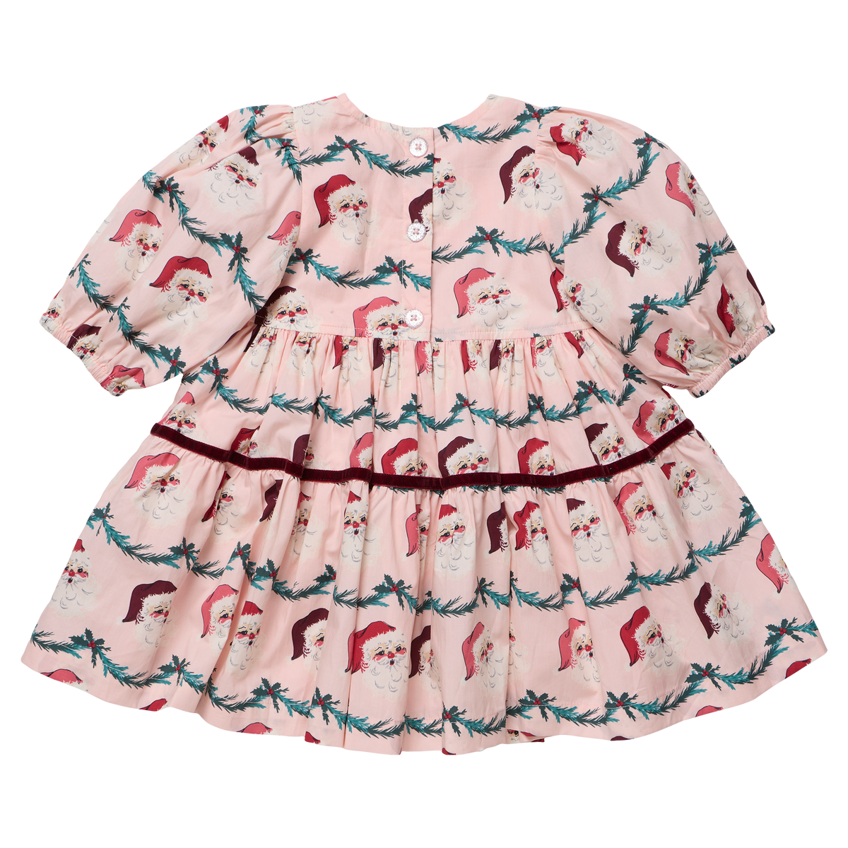 Girls Maribelle dress in Santa Garland pattern by Pink Chicken, featuring festive red and green holiday-themed floral design.