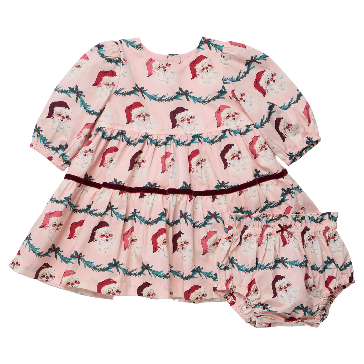 Baby girl wearing Pink Chicken Maribelle dress with Santa garland print, festive holiday attire for infants.