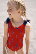 Load image into Gallery viewer, Girls Shelly Swim Suit in Red Nautical Anchors
