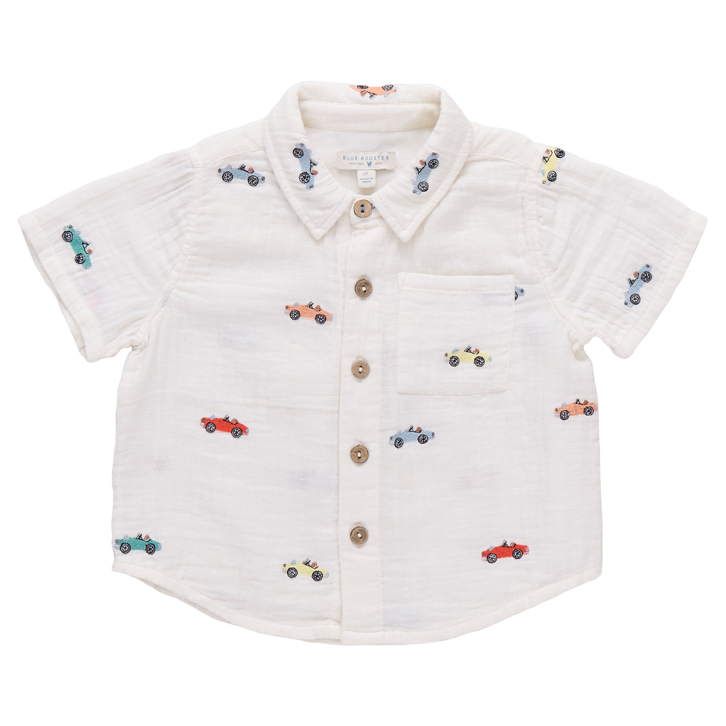 Boy's pink button-down shirt with vintage car embroidery by Pink Chicken, featuring classic car design on front.