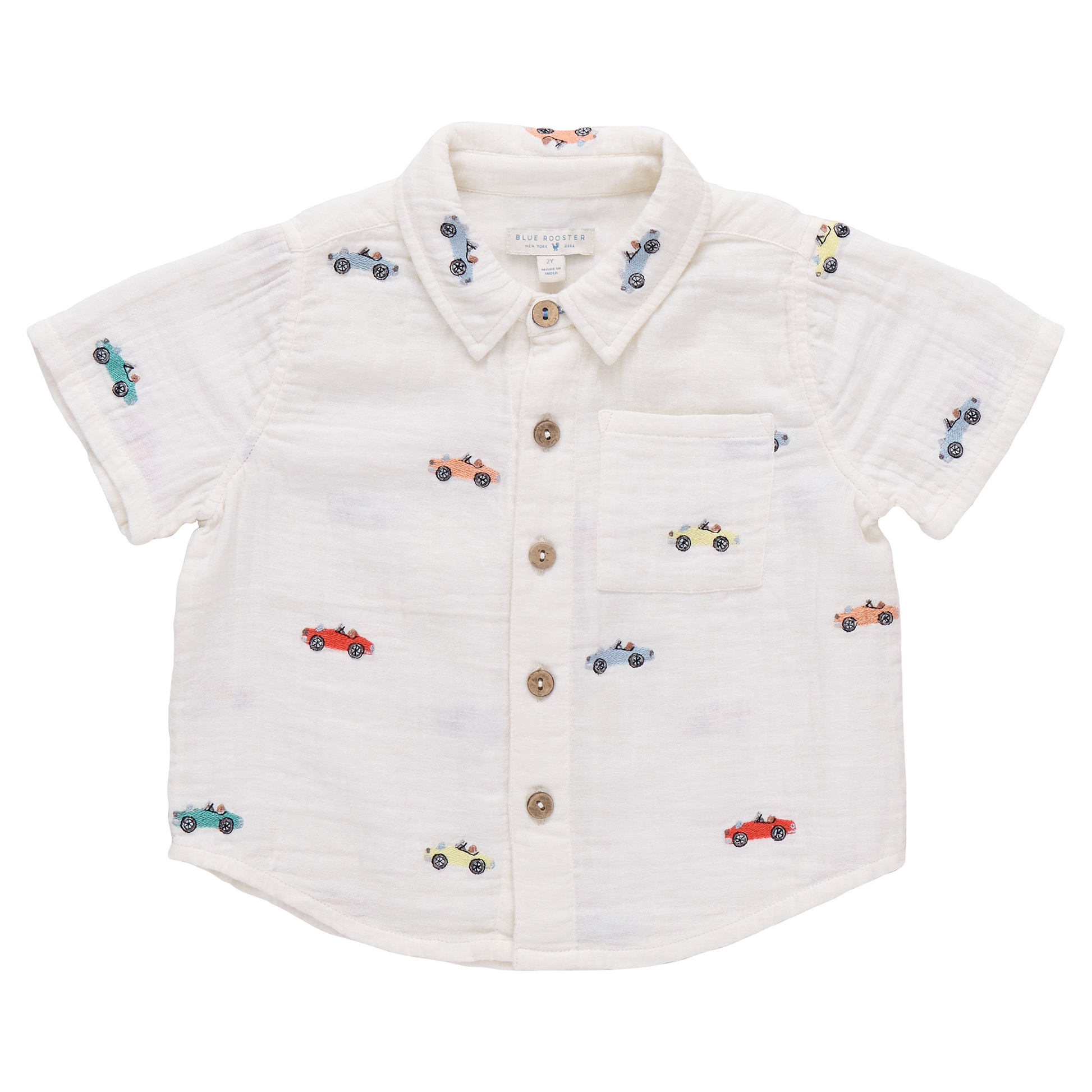 Boy's pink button-down shirt with vintage car embroidery by Pink Chicken, featuring classic car design on front.
