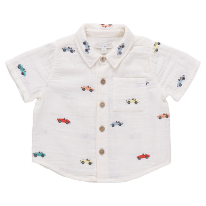 Boy's pink button-down shirt with vintage car embroidery by Pink Chicken, featuring classic car design on front.
