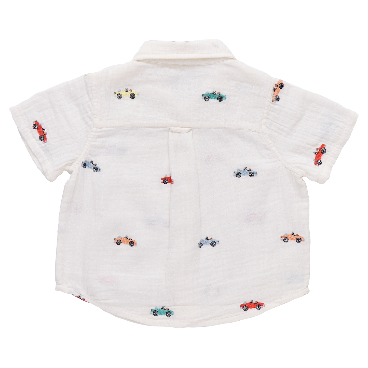 Boy wearing Pink Chicken vintage car embroidered button-down Jack shirt, featuring colorful car embroidery on soft fabric.