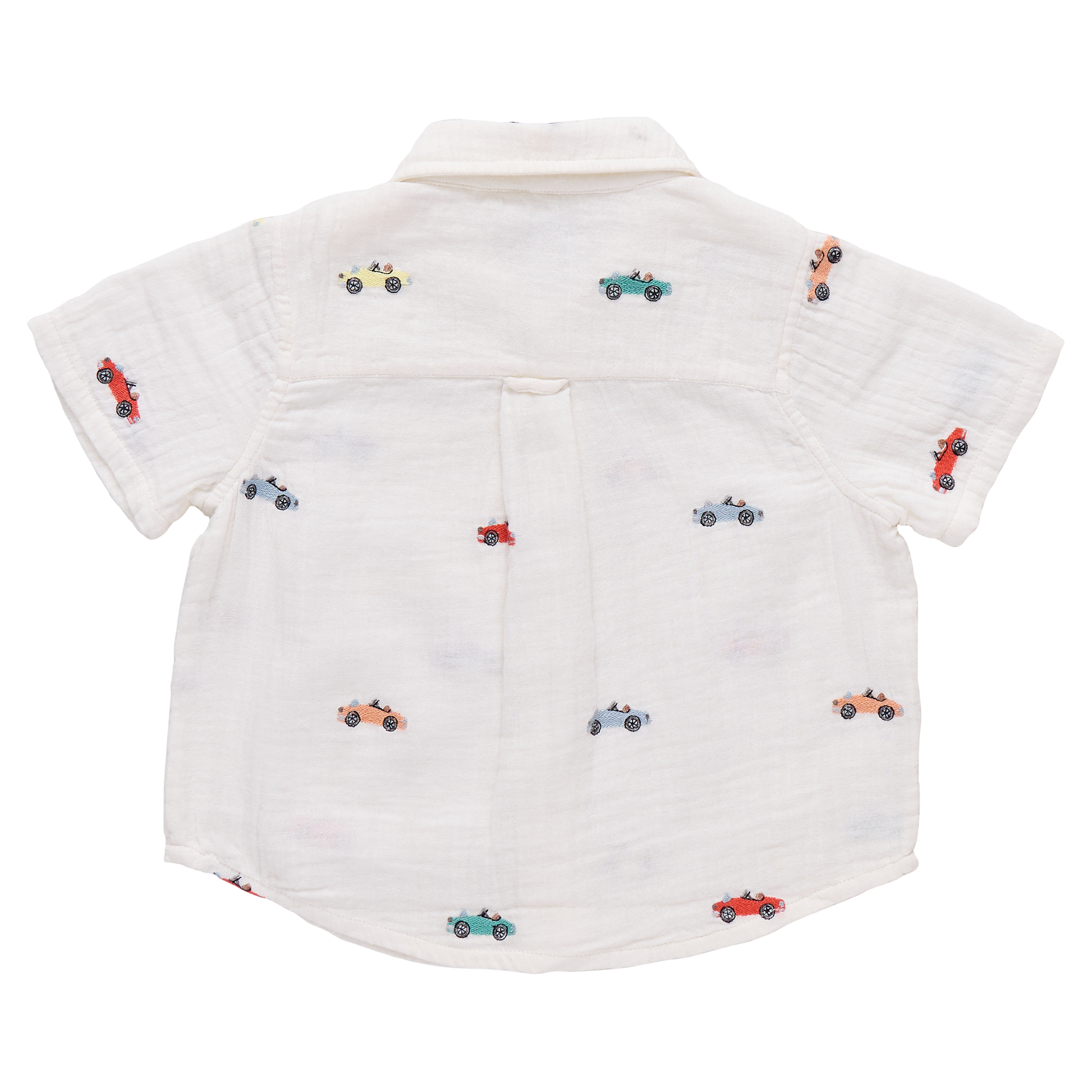 Boy wearing Pink Chicken vintage car embroidered button-down Jack shirt, featuring colorful car embroidery on soft fabric.