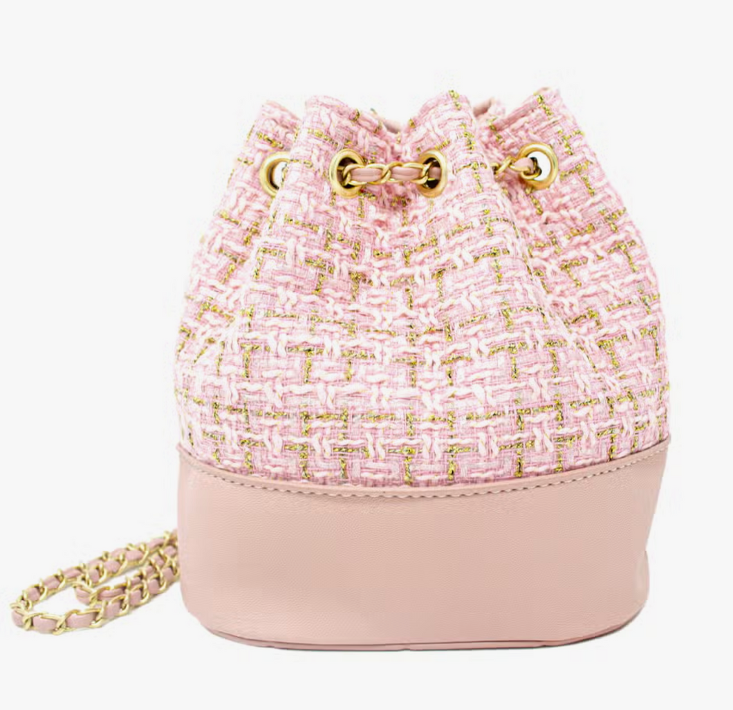 Tweed Drawstring Backpack Bag - Pink