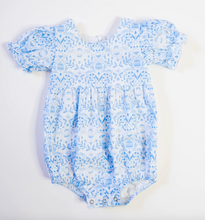 Load image into Gallery viewer, Quinn Poplin Romper in Blue Bunnies Easter Baby Bubble
