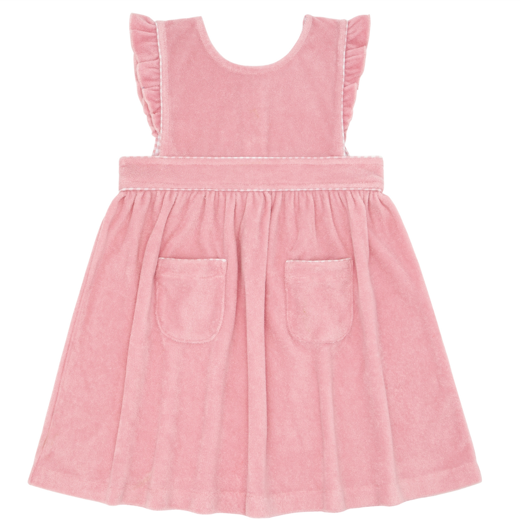 Girls Pink Guava Gingham Terry Cloth Pinafore Dress