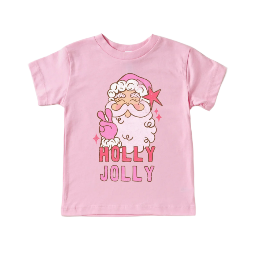 Holly Jolly Santa Kids Christmas Tee - Pink