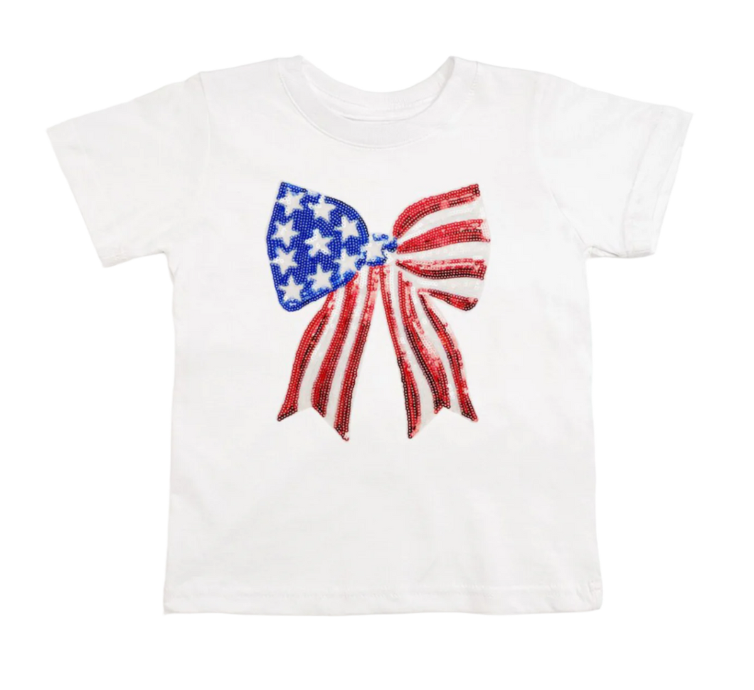 Girls Patriotic Sequin Bow Patch Short Sleeve T-Shirt