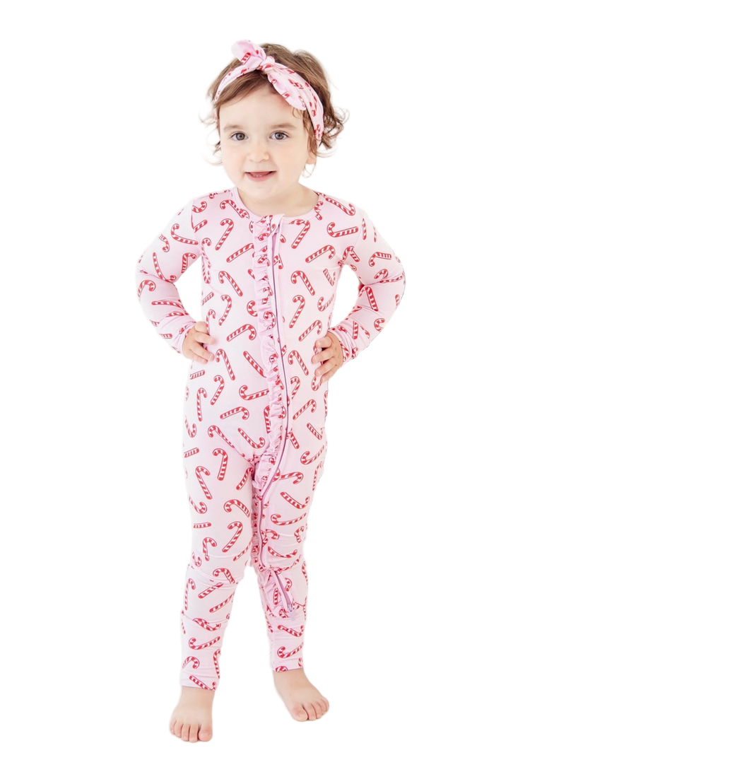 Candy Cane Lane Christmas Bamboo Ruffle Convertible Footie - Pink