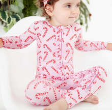 Load image into Gallery viewer, Candy Cane Lane Christmas Bamboo Ruffle Convertible Footie - Pink
