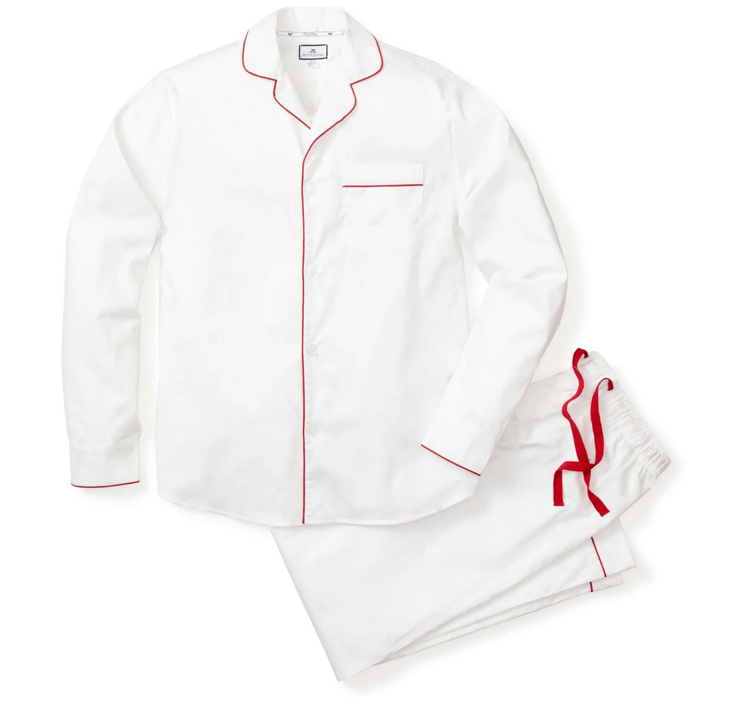 Men's White Twill Pajama Set With Red Piping **preorder**