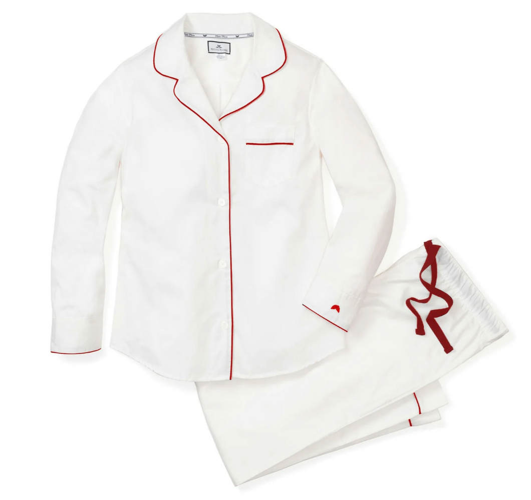Women's White Twill Pajama Set With Red Piping **preorder**