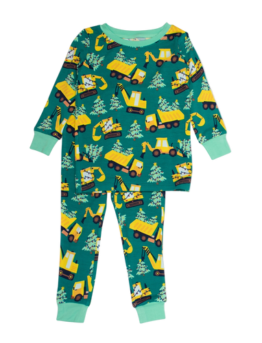 Children's pajama set with construction vehicle pattern on a teal background