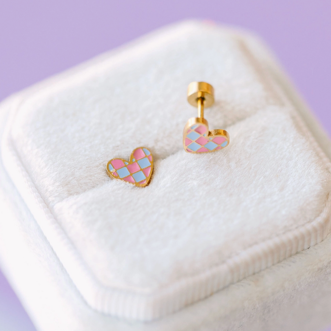 Checkered Heart Screw Back Earrings