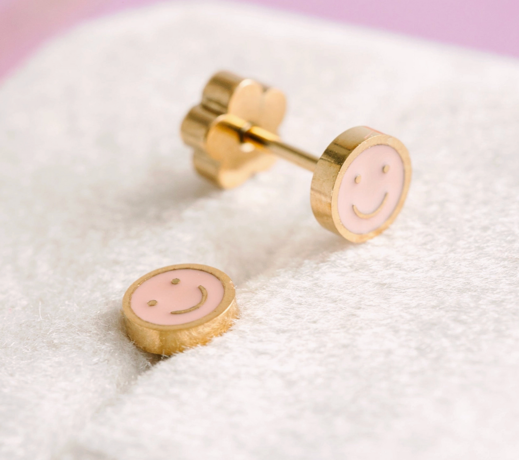 Tiny Pink Smiley Screw Back Earrings