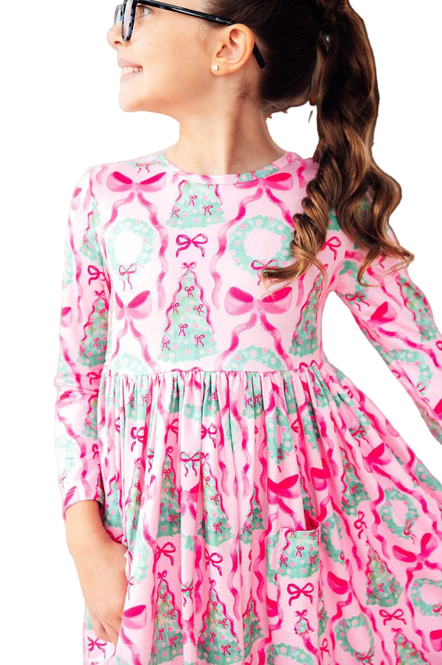 Jingle Bows Long Sleeve Pocket Twirl Dress