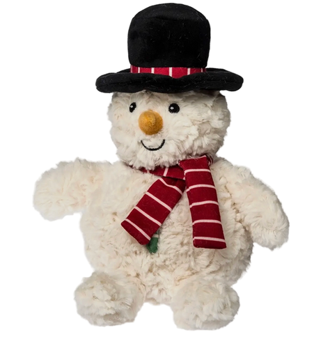 Plush snowman toy with a black hat and red scarf on a white background, featuring a 'I'm Recycled' label.