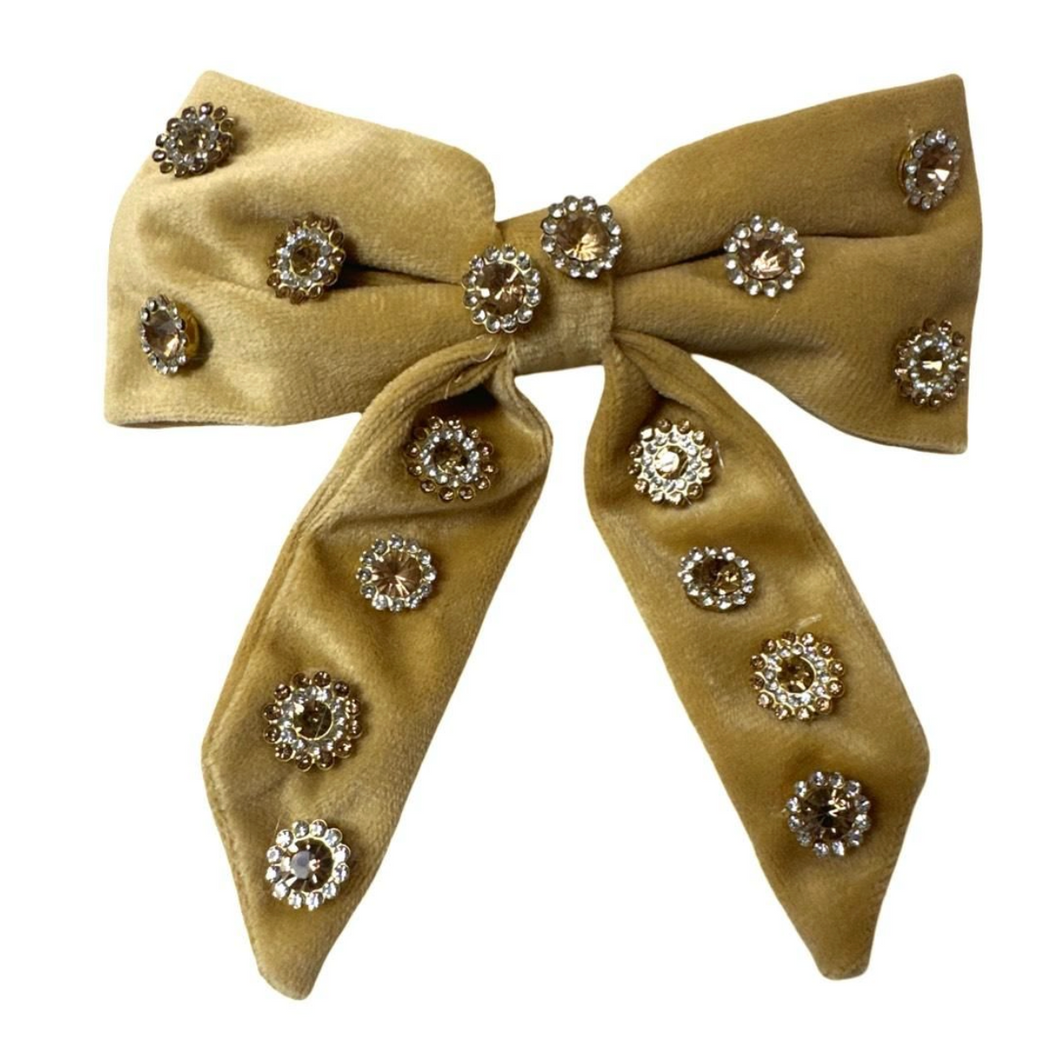 VELVET JEWELED BOW TAIL BOW CLIP - Gold