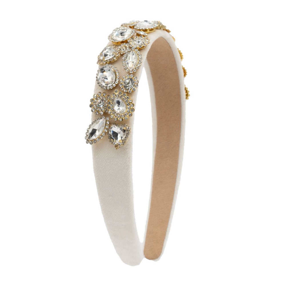 Multi Jeweled Velvet Headband - Cream