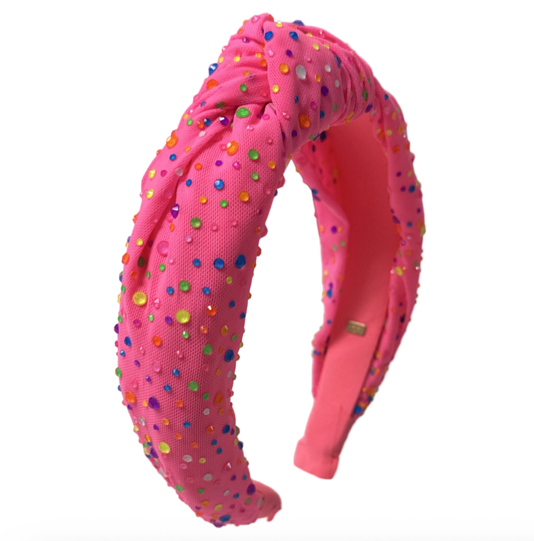 Jeweled Tulle Knot Headband - Pink Neon