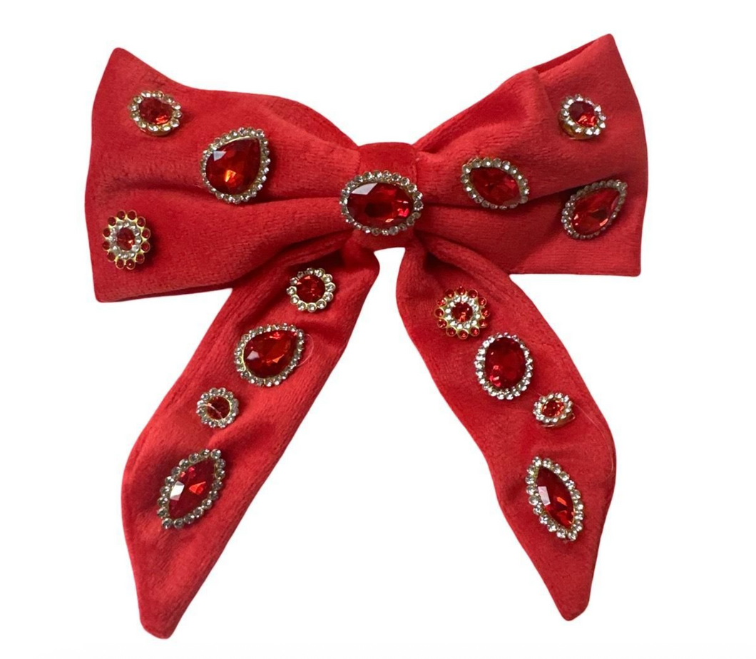 Velvet Jeweled Bow Clip - Red