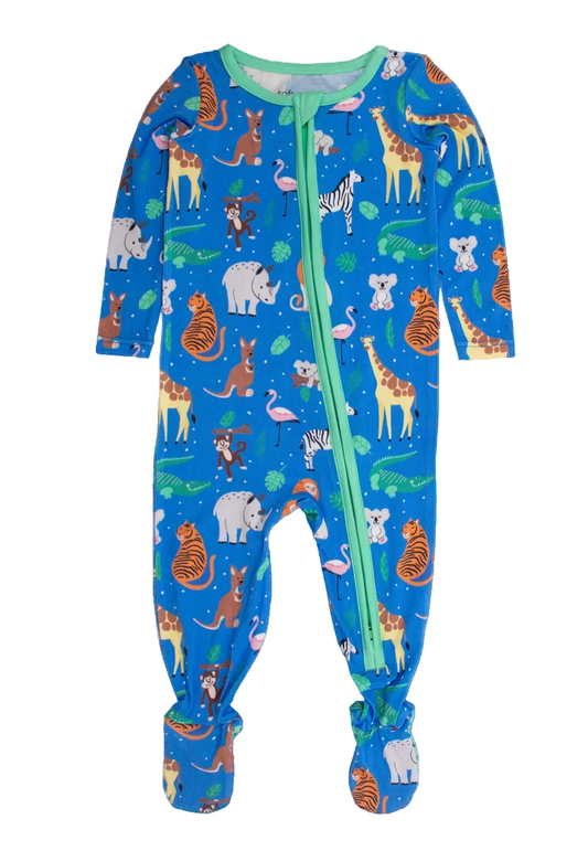 Blue baby onesie with animal pattern on a white background