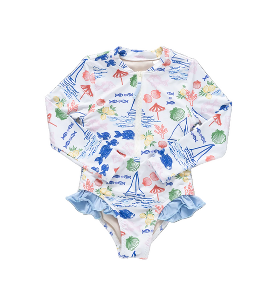 Girls Pink Chicken Arden suit in Island Multi with colorful tropical print, perfect for summer play and casual outings.
