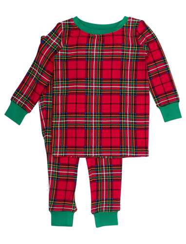 Red plaid pajama set with green trim on a white background