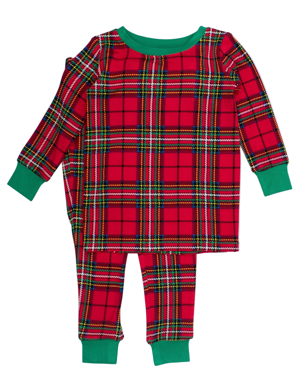 Red plaid pajama set with green trim on a white background