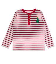 Load image into Gallery viewer, Red and white striped long-sleeve shirt with a green Christmas tree design on a white background
