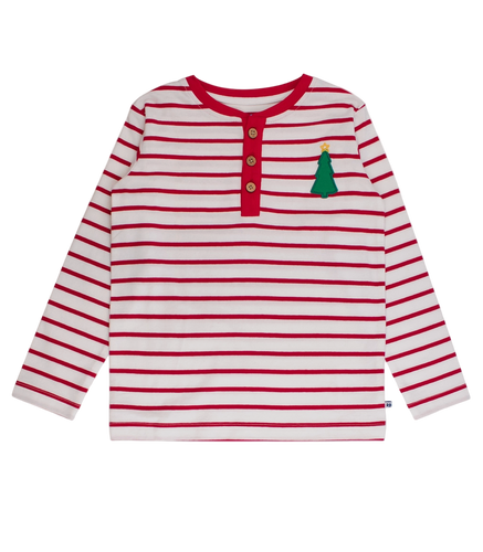 Red and white striped long-sleeve shirt with a green Christmas tree design on a white background