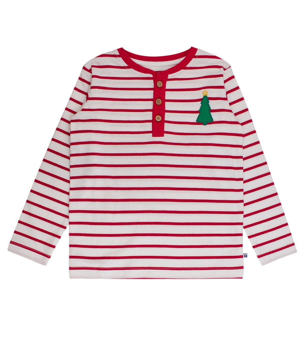 Red and white striped long-sleeve shirt with a green Christmas tree design on a white background