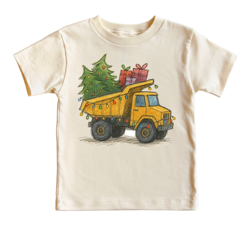 Children's t-shirt with a yellow truck carrying a Christmas tree and presents on a white background