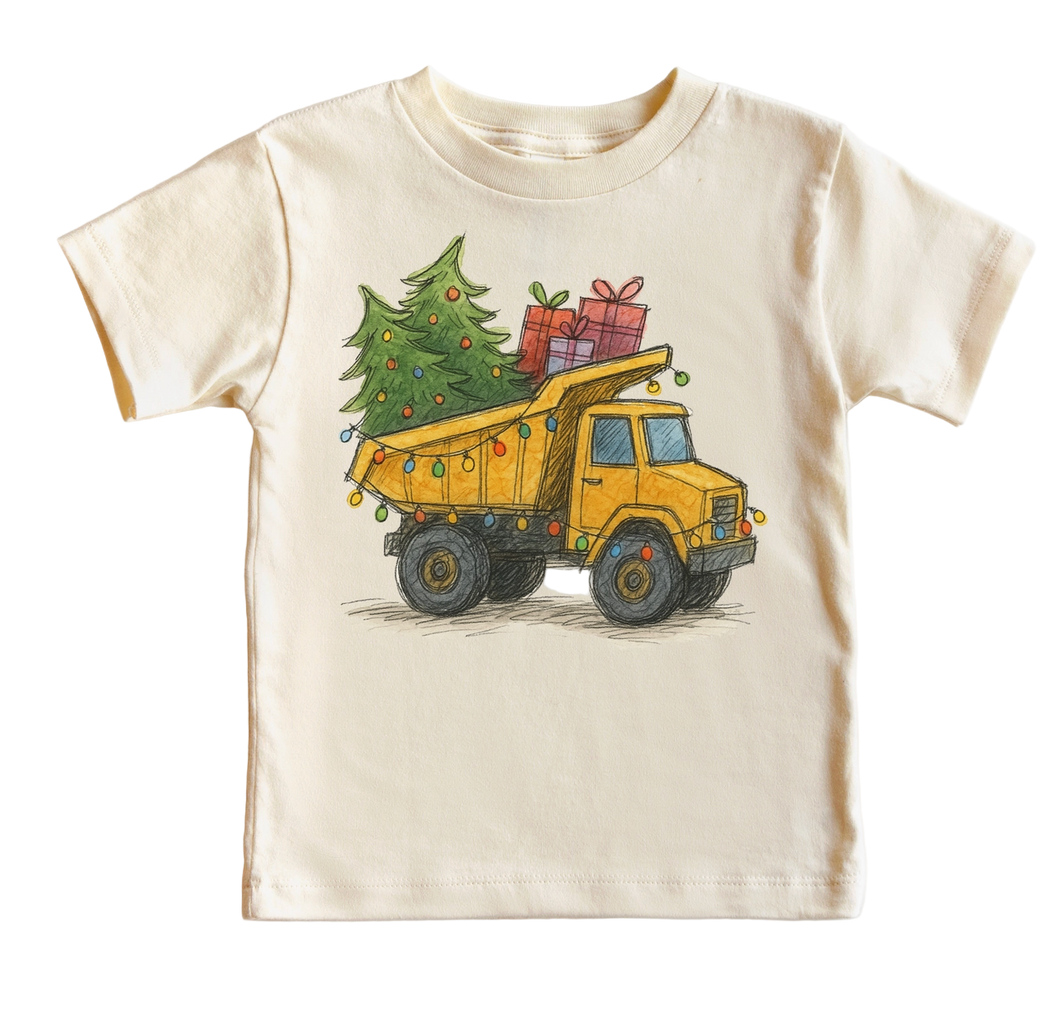 Children's t-shirt with a yellow truck carrying a Christmas tree and presents on a white background