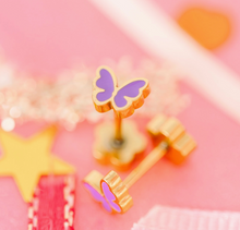 Load image into Gallery viewer, Girls Tiny Purple Butterfly Flat Screw Back Earrings
