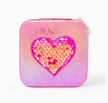 Load image into Gallery viewer, Square glittery pouch with a heart-shaped sequin design on a white background
