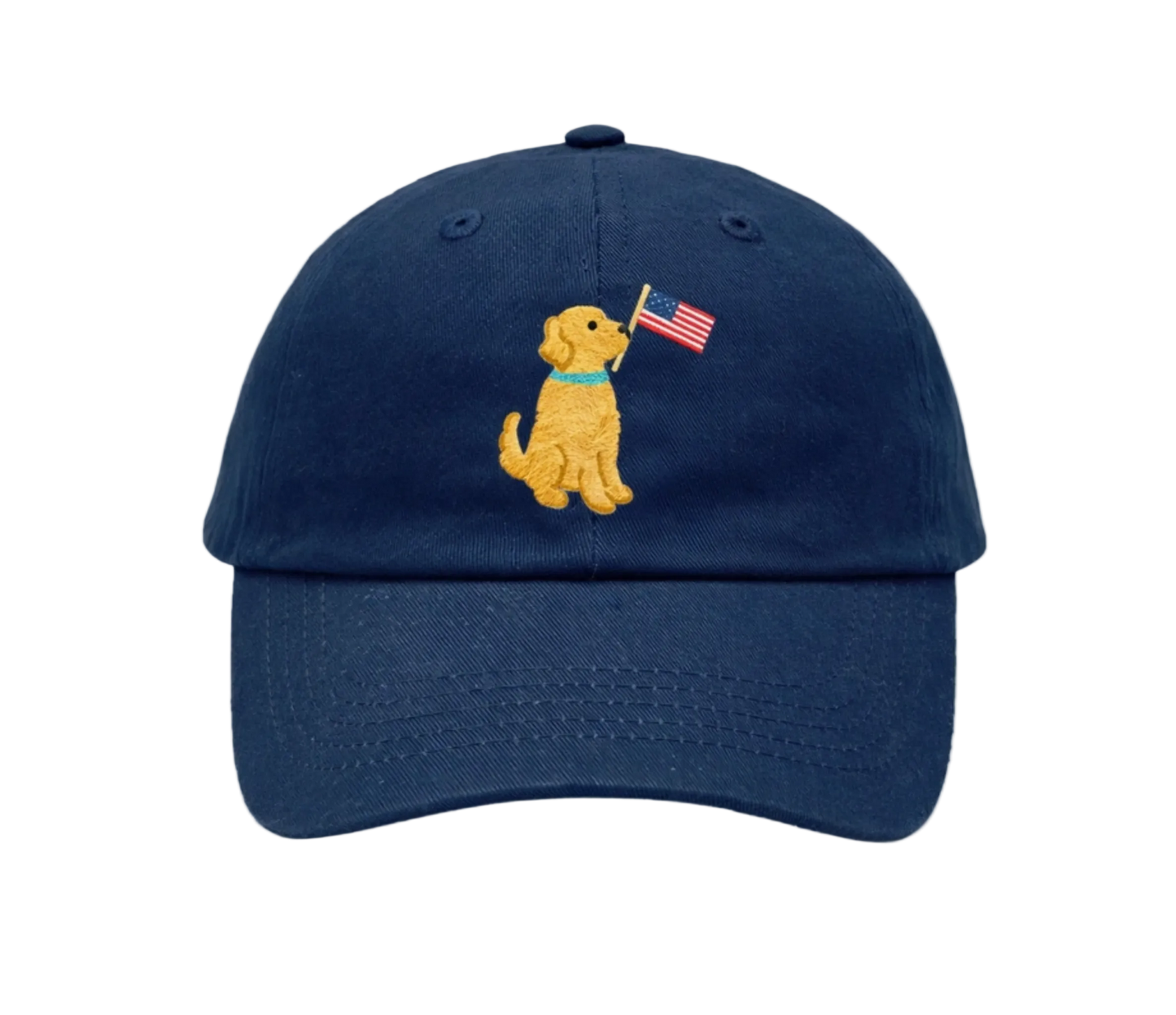 Navy blue cap with a embroidered dog holding an American flag on a white background