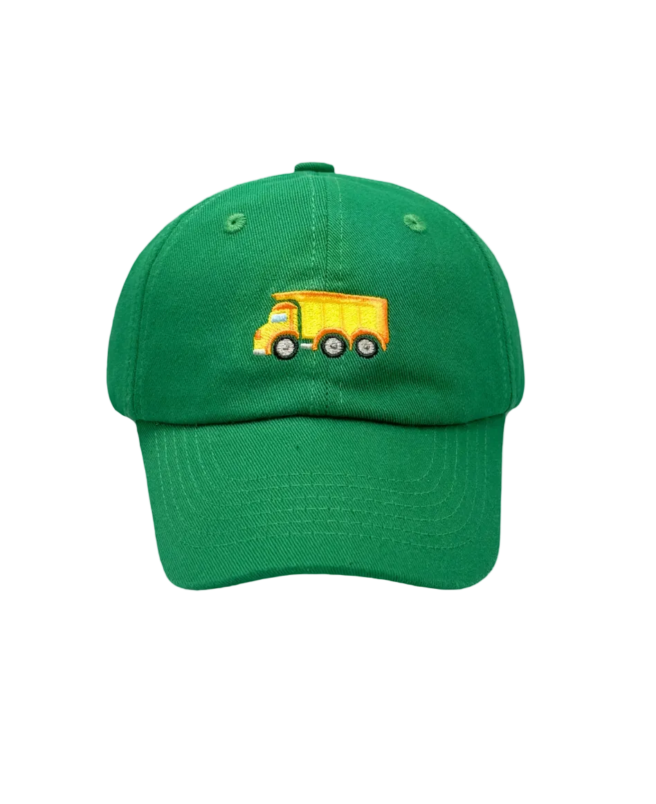 Kids embroidered green dump truck baseball hat by Bits and Bows, featuring colorful truck design and adjustable brim
